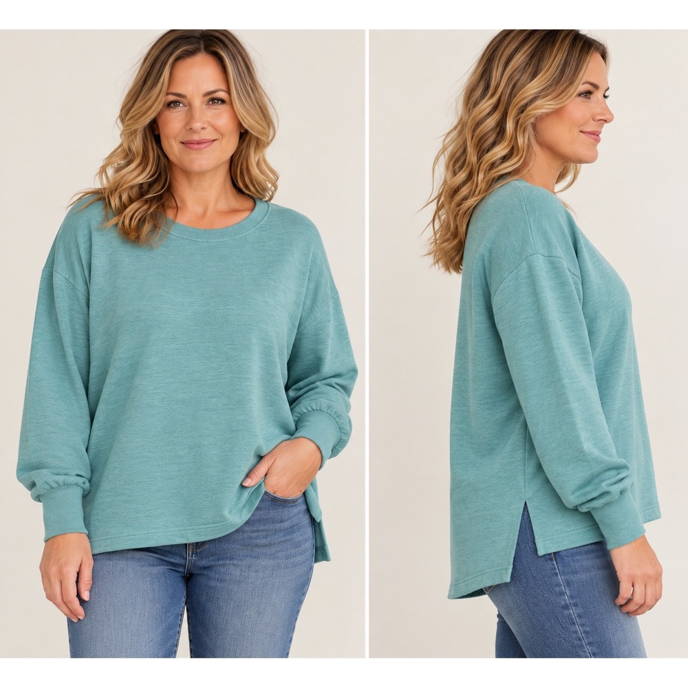 L.L.Bean Womens Sweatshirt Cozy Split-Hem Large Regular-Green Teal Cabincore